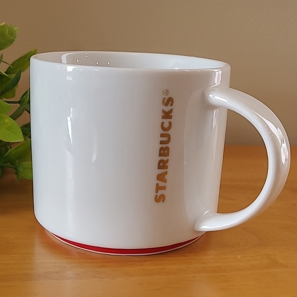 STARBUCKS Retired 2012 Stackable Mug, White With Red Stripe, Gold Lettering